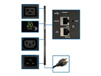Tripp Lite 3.3-3.7kW Single-Phase Monitored PDU, LX Platform Interface, 208/230V Outlets (20 C13/4 C19), C20/L6-20P, 0U 1.8m/70 in., TAA - Unité de distribution secteur (rack-montable) - 20 A - AC 208-230 V - 3.7 kW - monophasé - Ethernet 10/100, USB, serial - entrée : IEC 60320 C20 - connecteurs de sortie : 24 (20 x IEC 60320 C13 12A, 4 x IEC 60320 C19 16A) - 0U - 3 m - Conformité TAA PDUMNV20HVLX