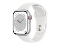 Apple Watch Series 8 (GPS + Cellular) - 41 mm - aluminium argenté - montre intelligente avec bande sport - fluoroélastomère - blanc - taille du bracelet : Normal - 32 Go - Wi-Fi, LTE, Bluetooth, UWB - 4G - 32 g MP4A3NF/A
