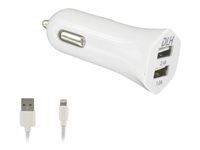 DLH DY-AU2571WMFI - Adaptateur d'alimentation pour voiture - 12 Watt - 2.4 A - 2 connecteurs de sortie (USB) - sur le câble : Lightning - blanc DY-AU2571WMFI