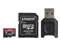 Kingston Canvas React Plus - Carte mémoire flash (adaptateur microSDXC vers SD inclus(e)) - 64 Go - A1 / Video Class V90 / UHS-II U3 / Class10 - microSDXC UHS-II MLPMR2/64GB