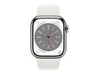 Apple Watch Series 8 (GPS + Cellular) - 41 mm - acier inoxydable argent - montre intelligente avec bande sport - fluoroélastomère - blanc - taille du bracelet : Normal - 32 Go - Wi-Fi, LTE, Bluetooth, UWB - 4G - 42.3 g MNJ53NF/A