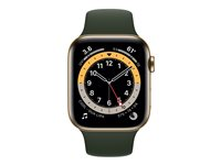Apple Watch Series 6 (GPS + Cellular) - 44 mm - acier inoxydable doré - montre intelligente avec bande sport - fluoroélastomère - vert chypre - taille du bracelet : S/M/L - 32 Go - Wi-Fi, Bluetooth - 4G - 47.1 g M09F3NF/A