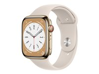 Apple Watch Series 8 (GPS + Cellular) - 45 mm - acier inoxydable doré - montre intelligente avec bande sport - fluoroélastomère - droit - taille du bracelet : Normal - 32 Go - Wi-Fi, LTE, Bluetooth, UWB - 4G - 51.5 g MNKM3NF/A