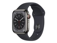 Apple Watch Series 8 (GPS + Cellular) - 41 mm - acier inoxydable graphite - montre intelligente avec bande sport - fluoroélastomère - minuit - taille du bracelet : Normal - 32 Go - Wi-Fi, LTE, Bluetooth, UWB - 4G - 42.3 g MNJJ3NF/A