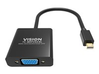 Adaptateur professionnel mini-DisplayPort vers VGA de qualité installation VISION - GARANTIE À VIE - résolution maximale 1920 x 1080 - ne convertit pas le VGA en DP - connexion à chaud (hot-plug) - mDP (M) vers VGA (F) - diamètre extérieur 5,5 mm - 32 AWG TC-MDPVGA/BL