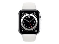 Apple Watch Series 6 (GPS + Cellular) - 44 mm - acier inoxydable argent - montre intelligente avec bande sport - fluoroélastomère - blanc - taille du bracelet : S/M/L - 32 Go - Wi-Fi, Bluetooth - 4G - 47.1 g M09D3NF/A