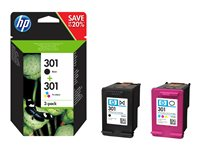 HP 301 - Pack de 2 - noir, couleur (cyan, magenta, jaune) - original - blister - cartouche d'encre - pour Deskjet 1050A J410, 1051A J410, 10XX, 10XX J410, 15XX, 2000, 2050 J510, 2050A J510, 2054A J510, 25XX, 3000, 3050 J610, 3050A J611, 3052A J611, 3054A J611, 3055A J611, 3057A J611, 3059A J611, 3510; Envy 450X, 553X; Officejet 26XX, 46XX N9J72AE#301