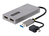 StarTech.com USB to Dual HDMI Adapter, USB A/C to 2x HDMI Monitors (1x 4K 30Hz, 1x 1080p), Integrated USB-A to C Dongle, 4in/11cm Cable, Windows & macOS - USB 3.0 to HDMI Multi-Monitor Display Adapter for Laptop (107B-USB-HDMI) - Adaptateur vidéo - USB type A, 24 pin USB-C mâle pour 2 x 19 pin HDMI Type A femelle - gris - support 4K 107B-USB-HDMI