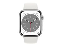 Apple Watch Series 8 (GPS + Cellular) - 45 mm - acier inoxydable argent - montre intelligente avec bande sport - fluoroélastomère - blanc - taille du bracelet : Normal - 32 Go - Wi-Fi, LTE, Bluetooth, UWB - 4G - 51.5 g MNKE3NF/A