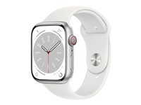 Apple Watch Series 8 (GPS + Cellular) - 45 mm - aluminium argenté - montre intelligente avec bande sport - fluoroélastomère - blanc - taille du bracelet : Normal - 32 Go - Wi-Fi, LTE, Bluetooth, UWB - 4G - 38.8 g MP4J3NF/A
