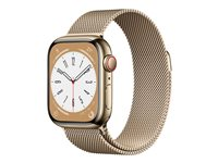 Apple Watch Series 8 (GPS + Cellular) - 41 mm - acier inoxydable doré - montre intelligente avec boucle milanaise - taille du poignet : 130-180 mm - 32 Go - Wi-Fi, LTE, Bluetooth, UWB - 4G - 42.3 g MNJF3NF/A